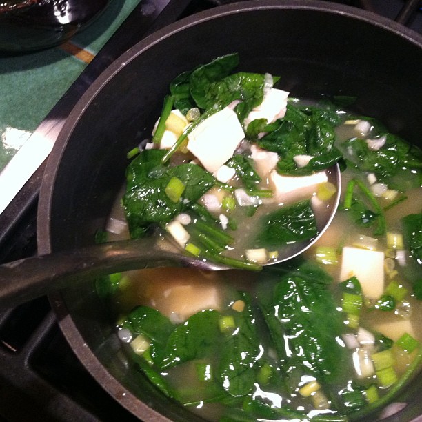 Sonoko Sakai's delicious chickpea miso soup with tofu, spinach and green onion.