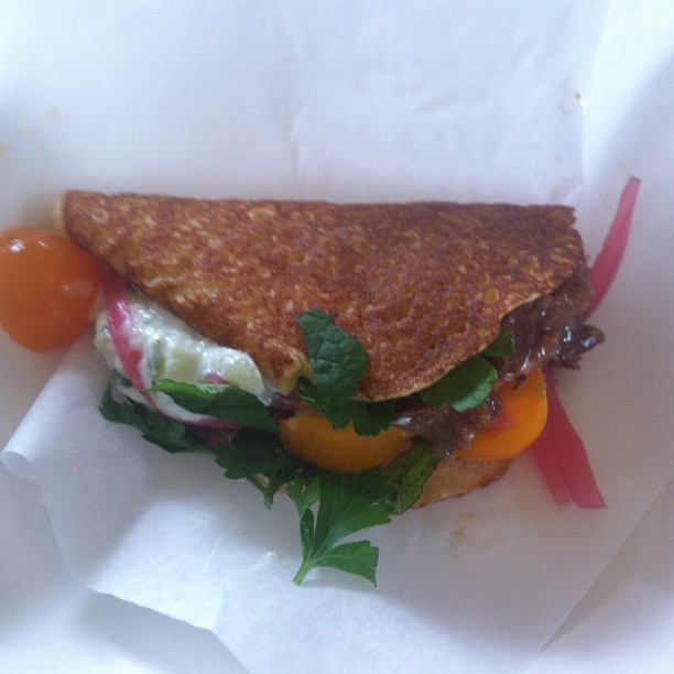 Great bite from @JaspersSf -corrn cake gyro with lamb shank.