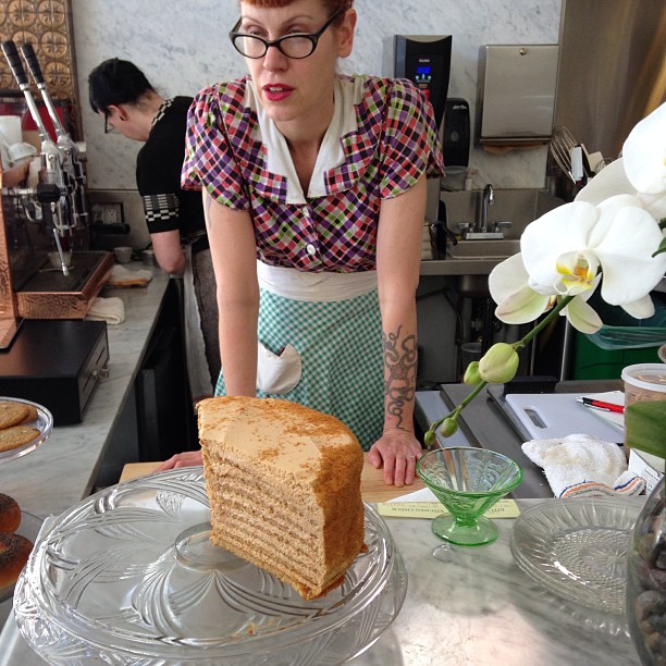 The ultra talented pastry chef #MichellePolzine and one of masterworks: The Russian Honey Layer Cake @20thCenturyCafe. Enjoyed with @Amymachnak.