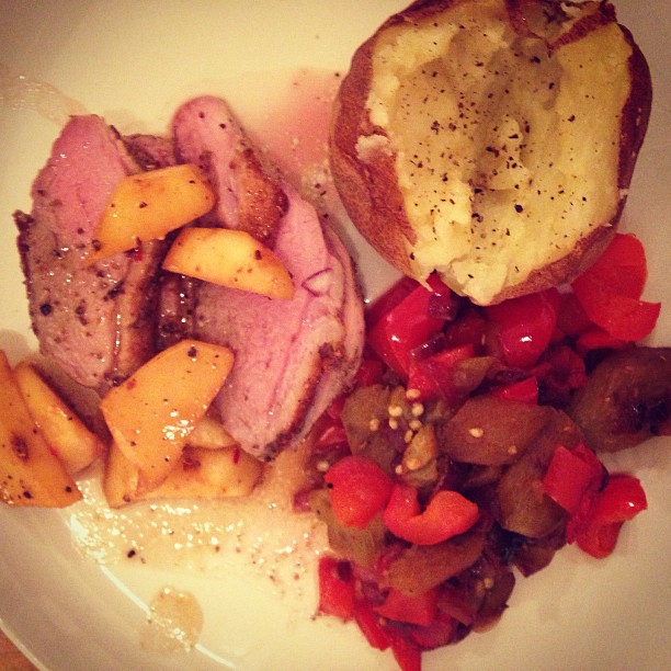 What was for dinner: Pan roasted duck, apple pan sauce, roasted potato and a medley of eggplant and peppers.