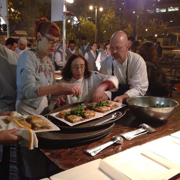 In the @CUESA Sunday Supper kitchen: Joyce Goldstein, Michelle Polzine and Stephan Terje playing up their first course.