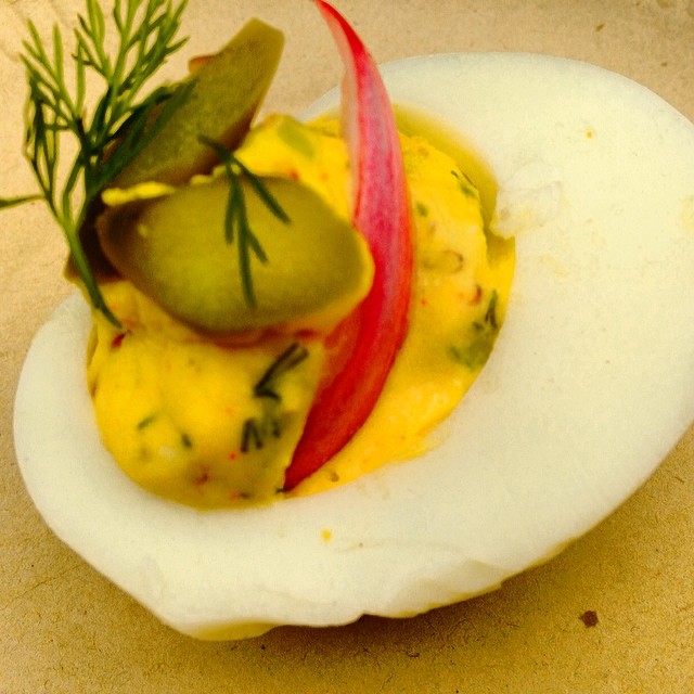 @sfcooking @cuesa kitchen today featured the perfect deviled egg class by Jodi Liano. The pickled asparagus and onion played off so well with the creamy and spicy yolk filling. Spring has sprung!