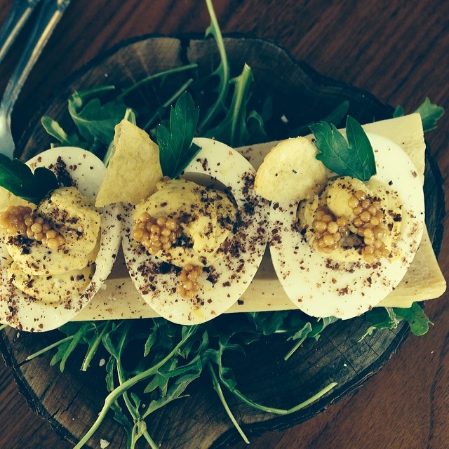 Fab lunch today at #SweetWoodruff including a cold corn soup and these marrow mustard deviled eggs.