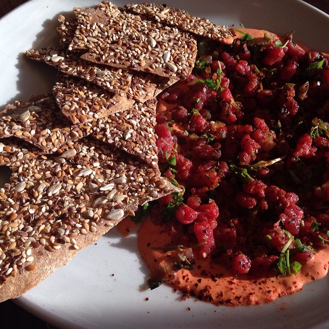 #Lastnight's dinner menu  @bartartinesf: Beef tartar with seeded crackers and a long fermented paprika sauce.