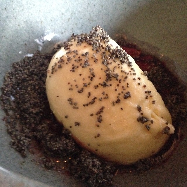 #Lastnight's dinner menu  @bartartinesf: Farmers cheese dumpling with poppy seed crumble.