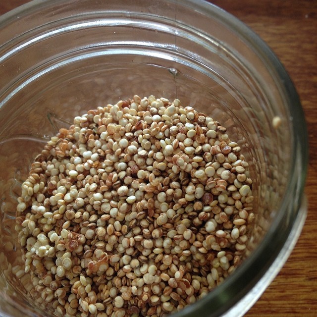 Toasted quinoa is the magic addition to my salads thus summer. I soaked the grain for about ten minutes, drained and then toasted in a 300degree oven for about 15 minutes.